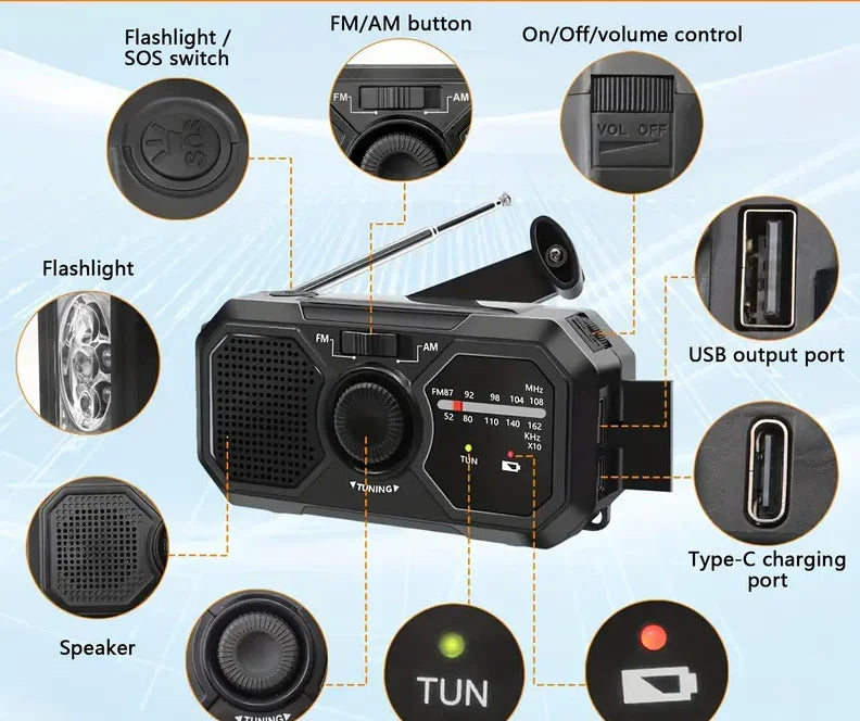 Portable Solar Emergency Radio — Hand Crank AM/FM