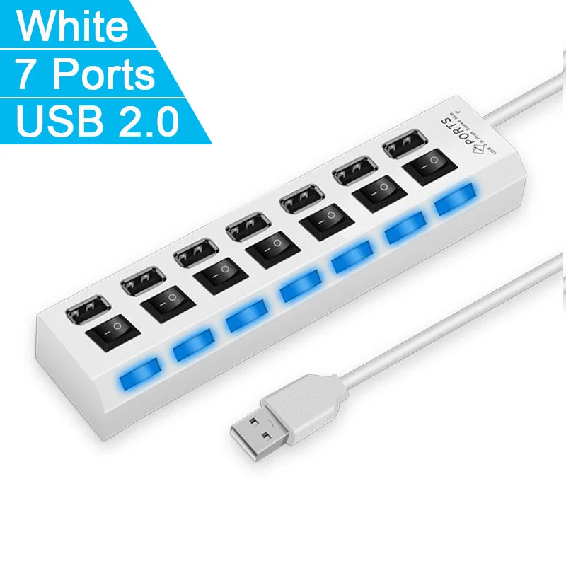 High Speed 7-Port USB 2.0 Hub — Multi Splitter for Laptop & PC