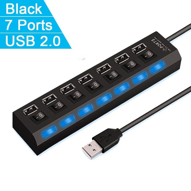 High Speed 7-Port USB 2.0 Hub — Multi Splitter for Laptop & PC